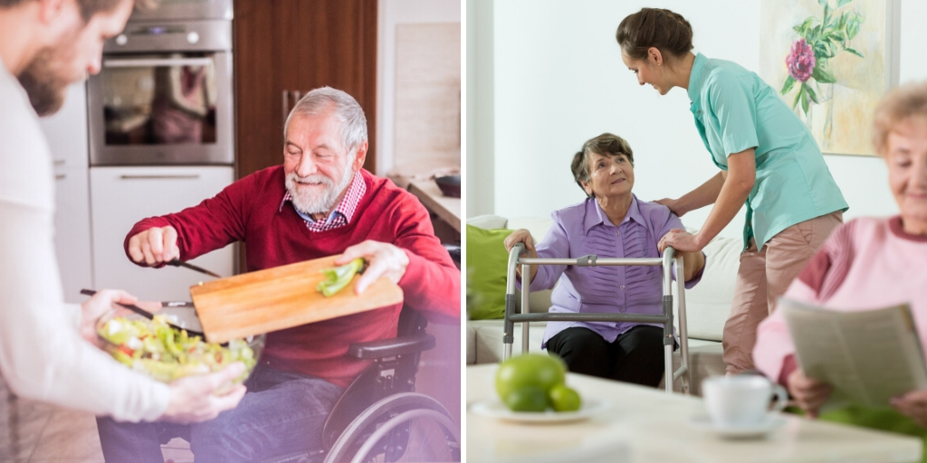 old man in wheel chair cooking with live in home care or care home staff talking to lady sat in chair